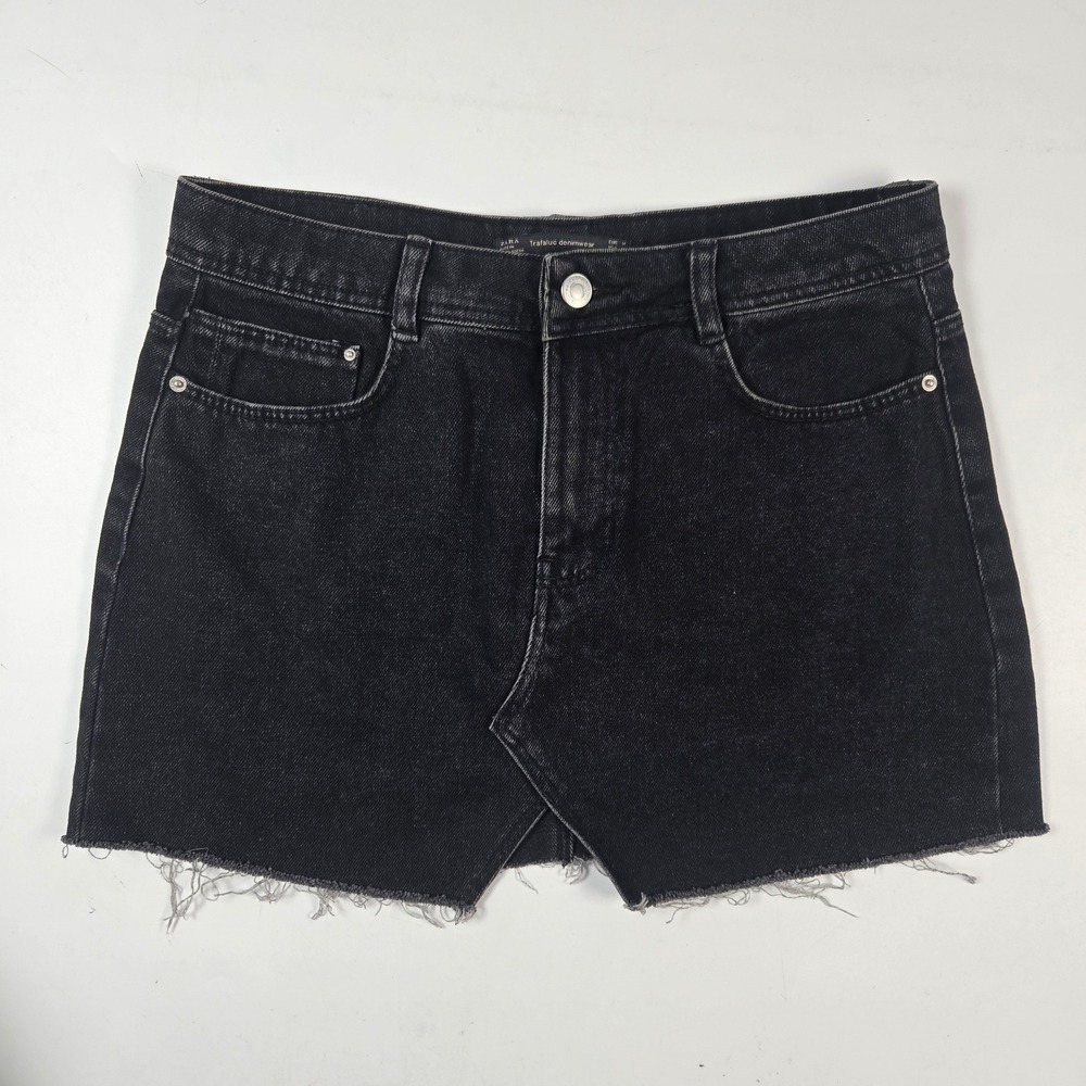 Zara Denim Skirt Womens Medium Black Trafaluc Mini Asymmetric Raw Hem Casual